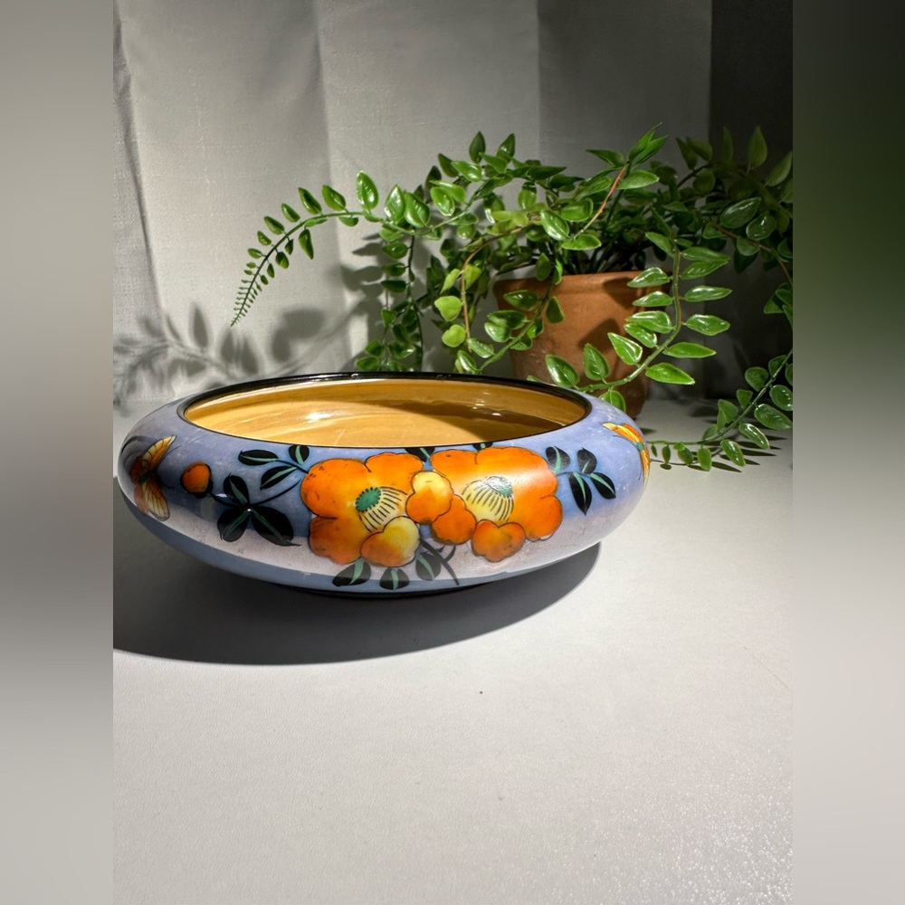 Vintage Japanese Hand painted Blue Lusterware Bowl • Flowers & Butterflies